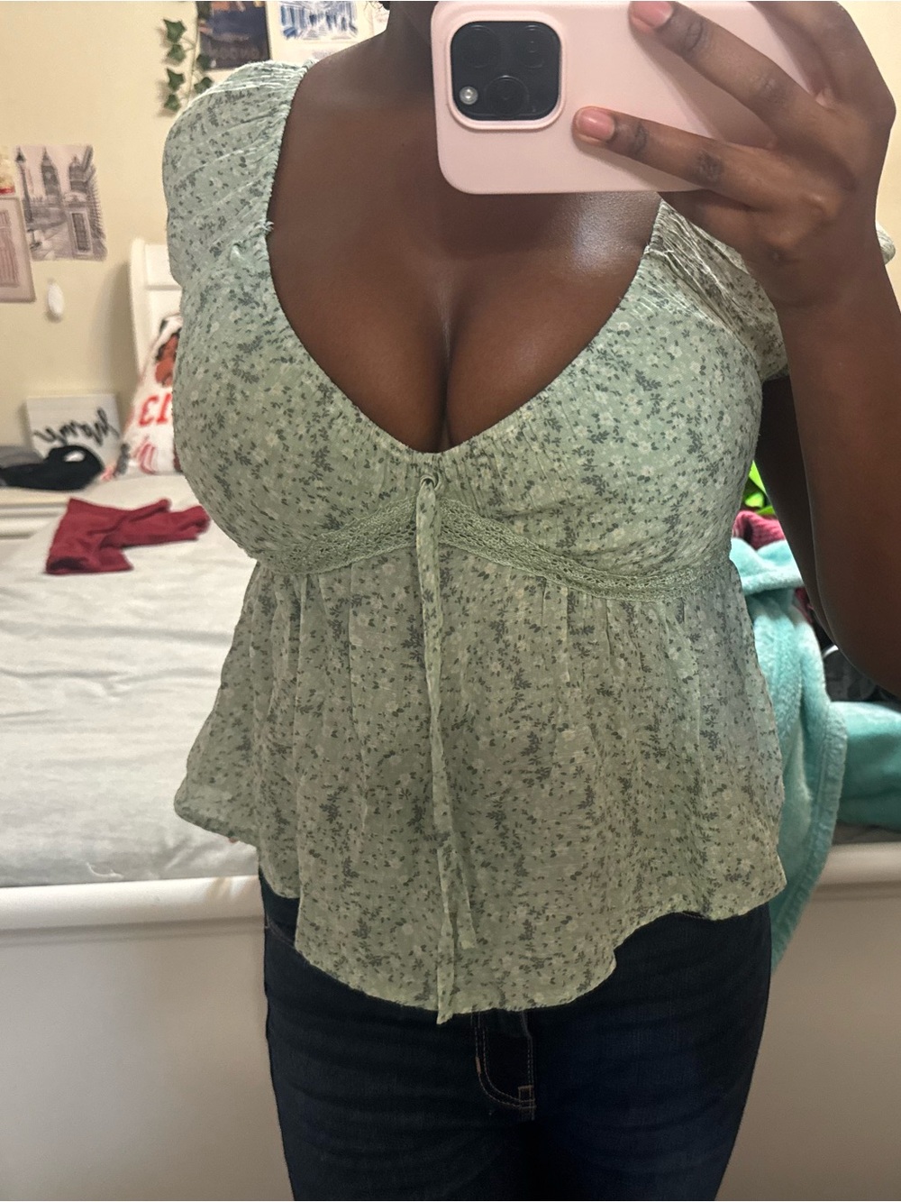 Macys light green floral babydoll top